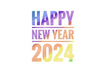 Happy New Year 2024, colorful text on white background. Concept, greeting card for welcoming the new year 2024. Celebration around the world. Design for decoration. 