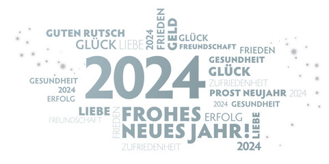 Neujahrsgrüße 2024 - silberne Schrift auf weißem Hintergrund - deutsch