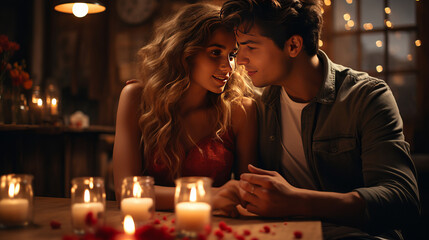 Young beautiful couple celebrating Saint Valentine's day. Romantic atmosphere and candlelights.
