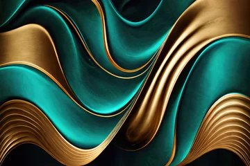 Poster Luxurious abstract waves with a metallic golden sheen flowing over a deep teal backdrop. © Anna