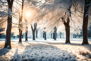 A beautiful city park with trees covered with hoarfrost
