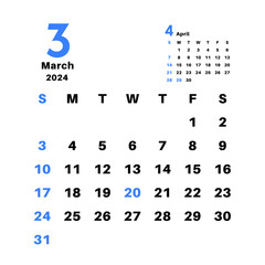 2024年3月 シンプルなカレンダー