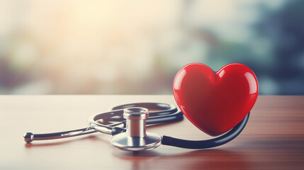 Stethoscope and red heart on table.