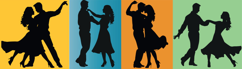 Dance, couples, silhouette, vector illustration, colorful background. Perfect for dance studio, dance class, dance event designs. Features ballroom, tango, salsa, swing, waltz, foxtrot