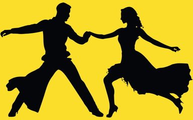 Fototapeta na wymiar silhouette of couple dancing on yellow background Vector illustration. Man, woman in dance pose, ballroom romance. Love, passion, elegance, grace in movement. Art of dance, rhythm, celebration, party
