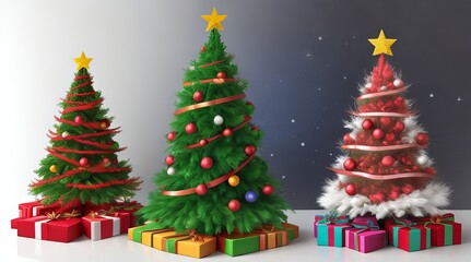 Three Christmas Trees with Gifts and Decorations in a Festive Setting