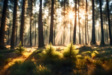 Beautiful in the morning sunshine in the forest with pine trees