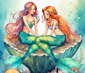 Obraz na płótnie Canvas Watercolor mermaid girl friends Illustration wine bottle wrap