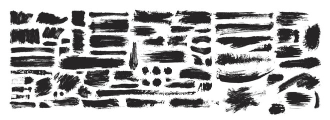 Big collection of black paint, ink brush strokes, brushes, lines, grungy. Dirty artistic design elements, boxes, frames. Vector illustration. Isolated on white background. Freehand drawing.
