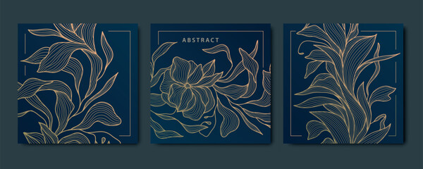 Vector set of art deco abstract luxury golden square cards, post templates for social net, leaves and flowers botanical modern, art deco wallpaper backgrounds. Floral line patterns. - obrazy, fototapety, plakaty