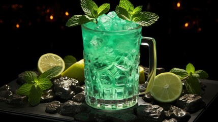 Transparent Glass Fresh Cocktail Mint Leaves, Background, High Quality Photo, Hd