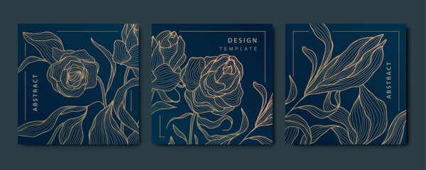 Vector set of art deco abstract luxury golden square cards, post templates for social net, leaves and roses botanical modern, art deco wallpaper backgrounds. Floral line patterns. - obrazy, fototapety, plakaty