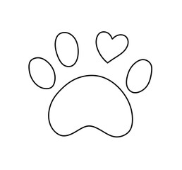 Vector isolated one single dog cat bear paw print  with heart colorless black and white