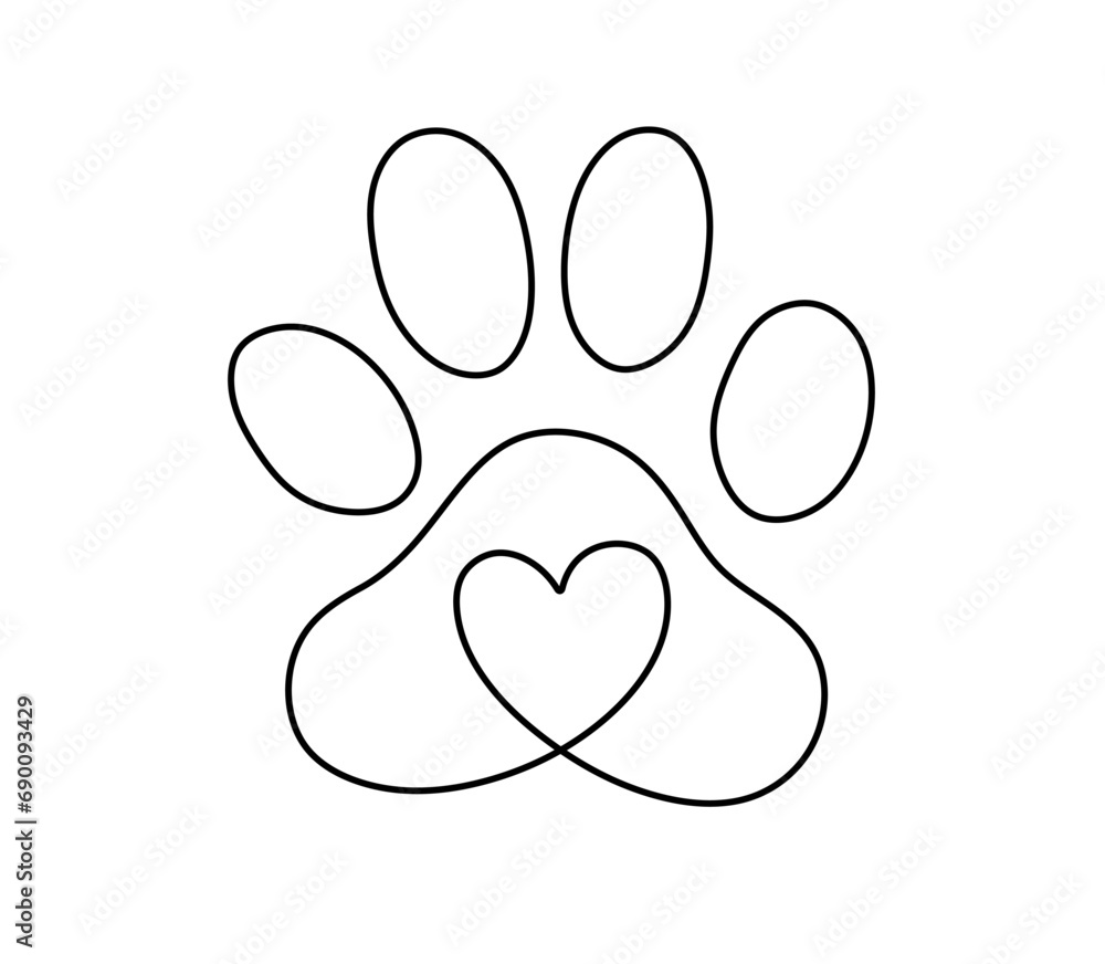 Canvas Prints vector isolated one single dog cat bear paw print with heart colorless black and white contour line 