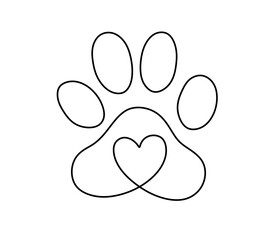 Vector isolated one single dog cat bear paw print with heart colorless black and white contour line easy drawing 