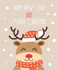 Illustration of a reindeer happy new year and christmas card on a pale pink background.