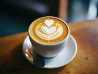 A cup of coffee with a heart design on top. Generative AI.