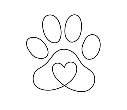 Vector isolated one single dog cat bear paw print with heart colorless black and white contour line easy drawing 