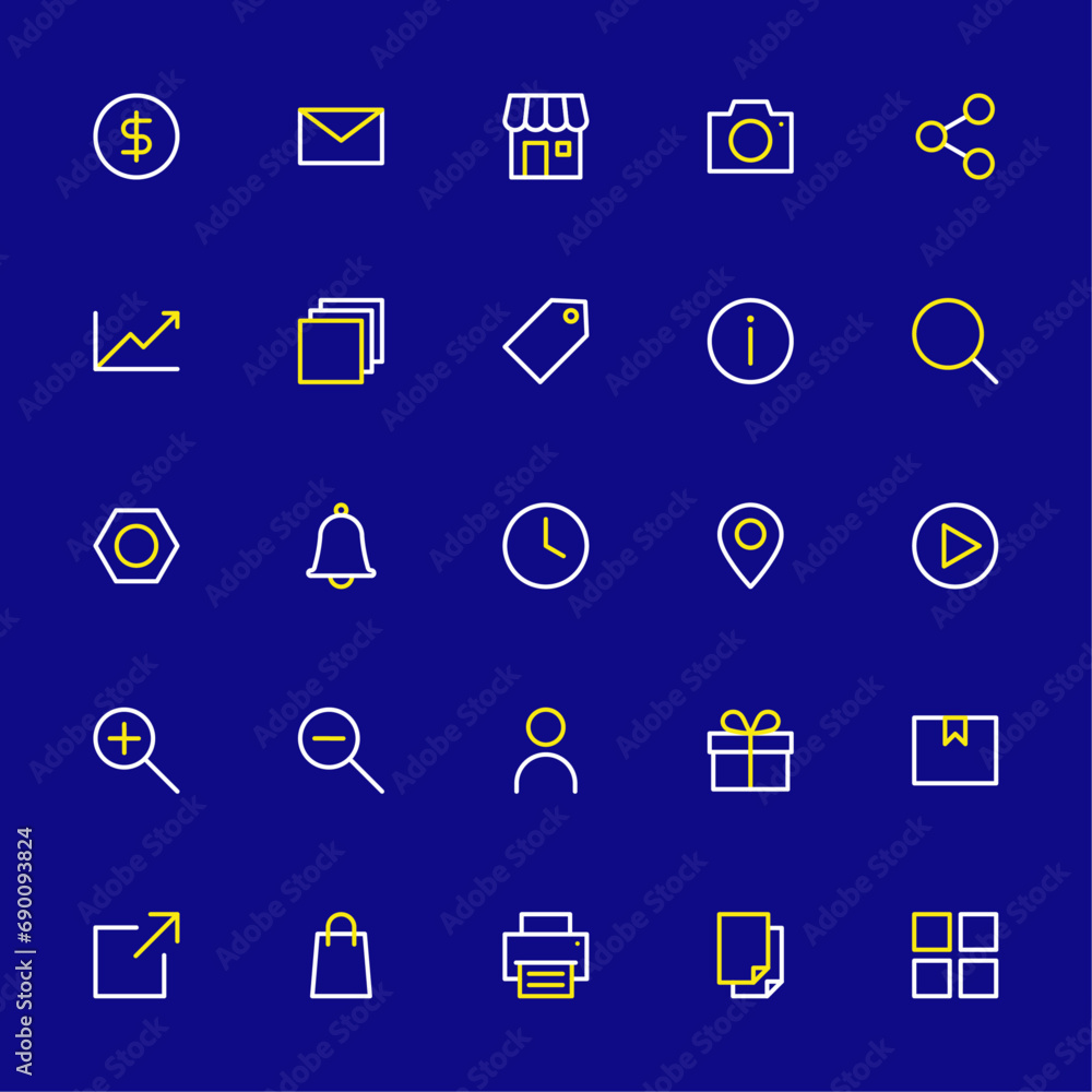 Aufkleber set of 25 basic web ux ui duotone icons in line style design for website, app, user interface, isola