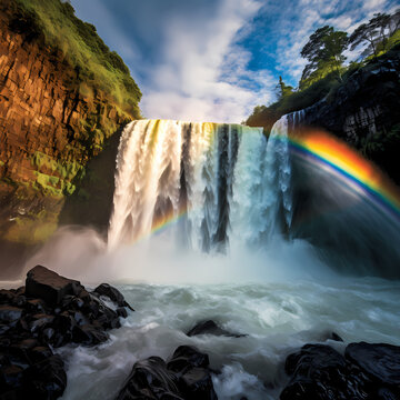 A vibrant rainbow arching over a waterfall