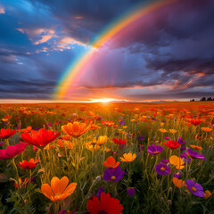 A vibrant rainbow over a field of wildflowers