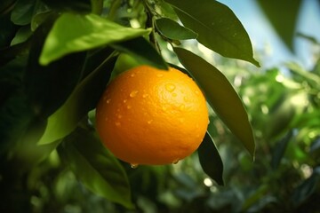 Fresh orange fruit on tree at orchard. generative ai.