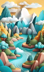 Fototapeta premium Majestic Realms: A Fantasy Landscape of Mountains, Rivers, and Drifting Clouds