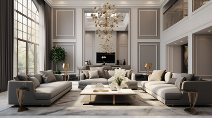 Fototapeta na wymiar A very modern double heighted ceiling living room with luxury and very minimal chandelier,