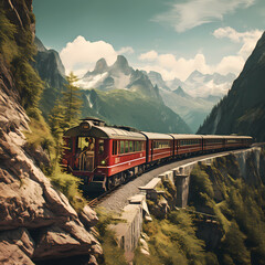 A vintage train traveling through a mountain pass