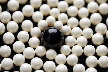 One black bead among numerous white beads. Concept of distinctiveness. Another, unlike the rest, standing out.