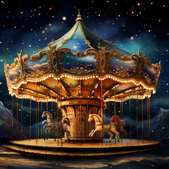 Fototapeta na wymiar A whimsical carousel spinning under a starry night sky.