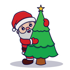 Cute Santa Claus Hugging the Christmas Tree Cartoon Vector Illustration Isolated On White Background