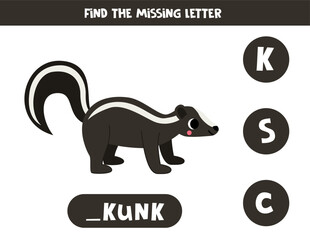 Find missing letter with cartoon skunk. Spelling worksheet.