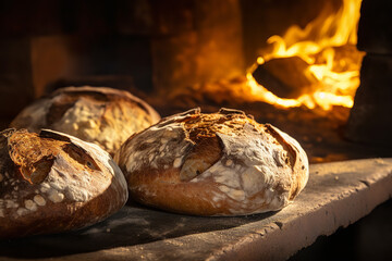 Fresh bread baking in a traditional stone oven - with the heat creating a perfect golden crust - symbolizing homely warmth and artisanal baking.