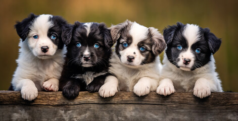 four puppies are sitting on a log and looking at the camera with blue eyes and a brown background,  blue eyes, a jigsaw puzzle, rayonism, generative ai
