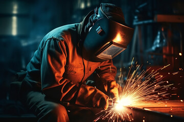 A welder works diligently in a hot workshop - with intense heat from the welding torch and sparks flying - showcasing industrial strength and skill. - obrazy, fototapety, plakaty