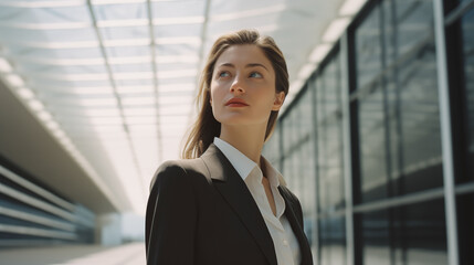Fototapeta premium Woman stands against a business center. Young businessperson near an office building in the financial district of the city. Urban concept. Walk in a modern city. Generated AI