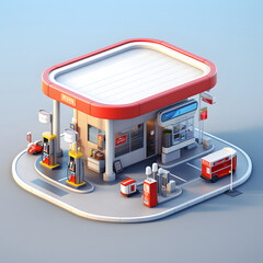 3d rendering of a gas station and convenience store in isometric view.