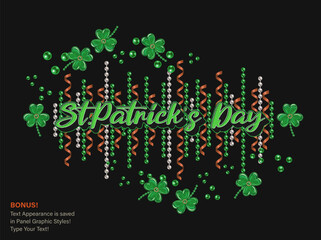 St Patricks Day horizontal label with scattered beads, clover leaves, bead strings, party streamers, text. Illustration for advert of event. Editable text appearance, text graphic style included