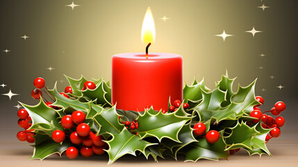 christmas candle with holly and berries rote Kerze mit Gesteck
