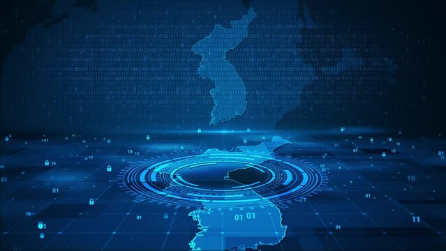 Digital technology security numbers circle background on Korea map HUD