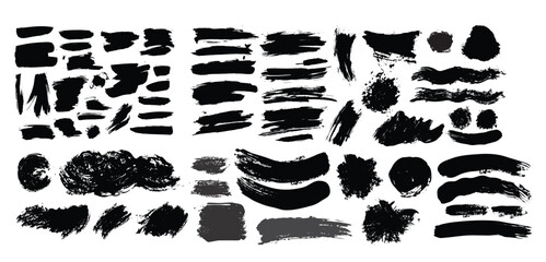 Big collection of black paint, ink brush strokes, brushes, lines, grungy. Dirty artistic design elements, boxes, frames. Vector illustration. Isolated on white background. Freehand drawing.
