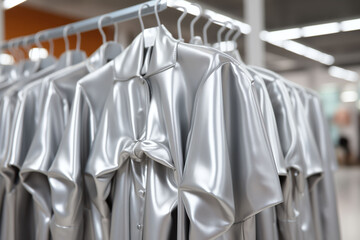 luxury and fashionable silver metallic textile dresses hanging on a rack in store or Factory. Trendy metalic textile. Futuristic clothes
