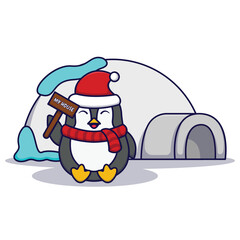 Cute Penguin With Ice House Vector Illustration Isolated On White Background
