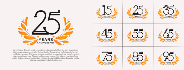 set of anniversary logotype black color and orange ornament for special celebration event - obrazy, fototapety, plakaty