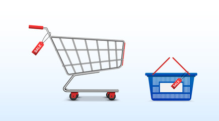 Shopping trolley and basket of food from grocery purchases.