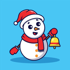 Cute Snowman Holding Bell Vector Cartoon Illustration Isolated