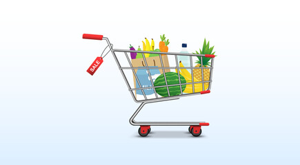 Shopping trolley and basket of food from grocery purchases.