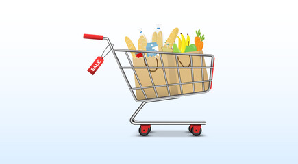 Shopping trolley and basket of food from grocery purchases.