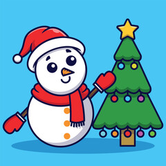 Cute Snowman With Christmas Tree Vector Cartoon Illustration Isolated